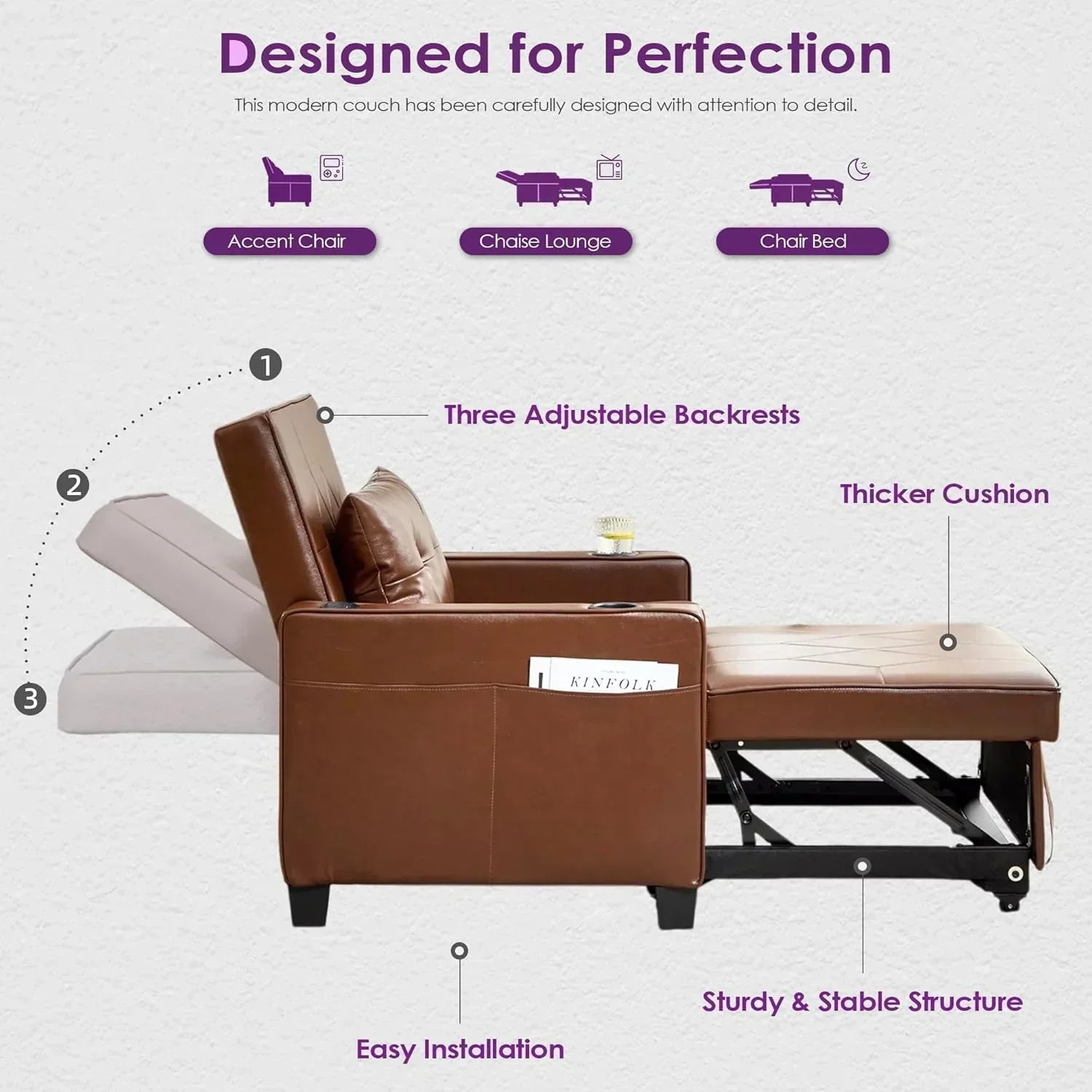 Adult Convertible Sleeper Chair Bed 3-in-1 Pull-Out Sofa Bed with USB/Type-C Ports Cup Holders wourant