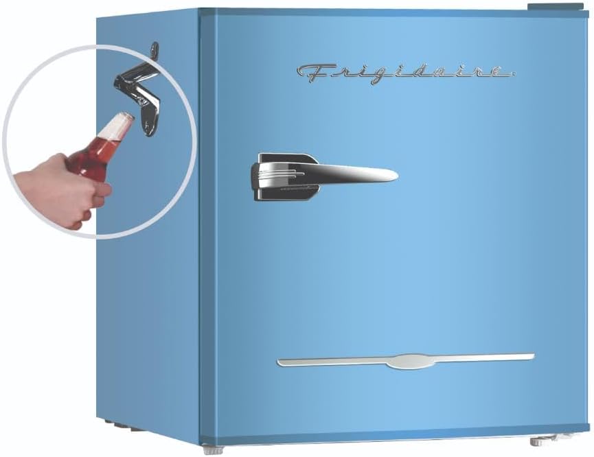 Frigidaire EFR176 Retro Compact Fridge with Chiller Mini Refrigerator with Built-in Bottle Opener for Office, Bedroom, Dorm Room or Cabin, 1.6 cu ft 16" D x 18" W x 18.5" H, Moonlight wourant
