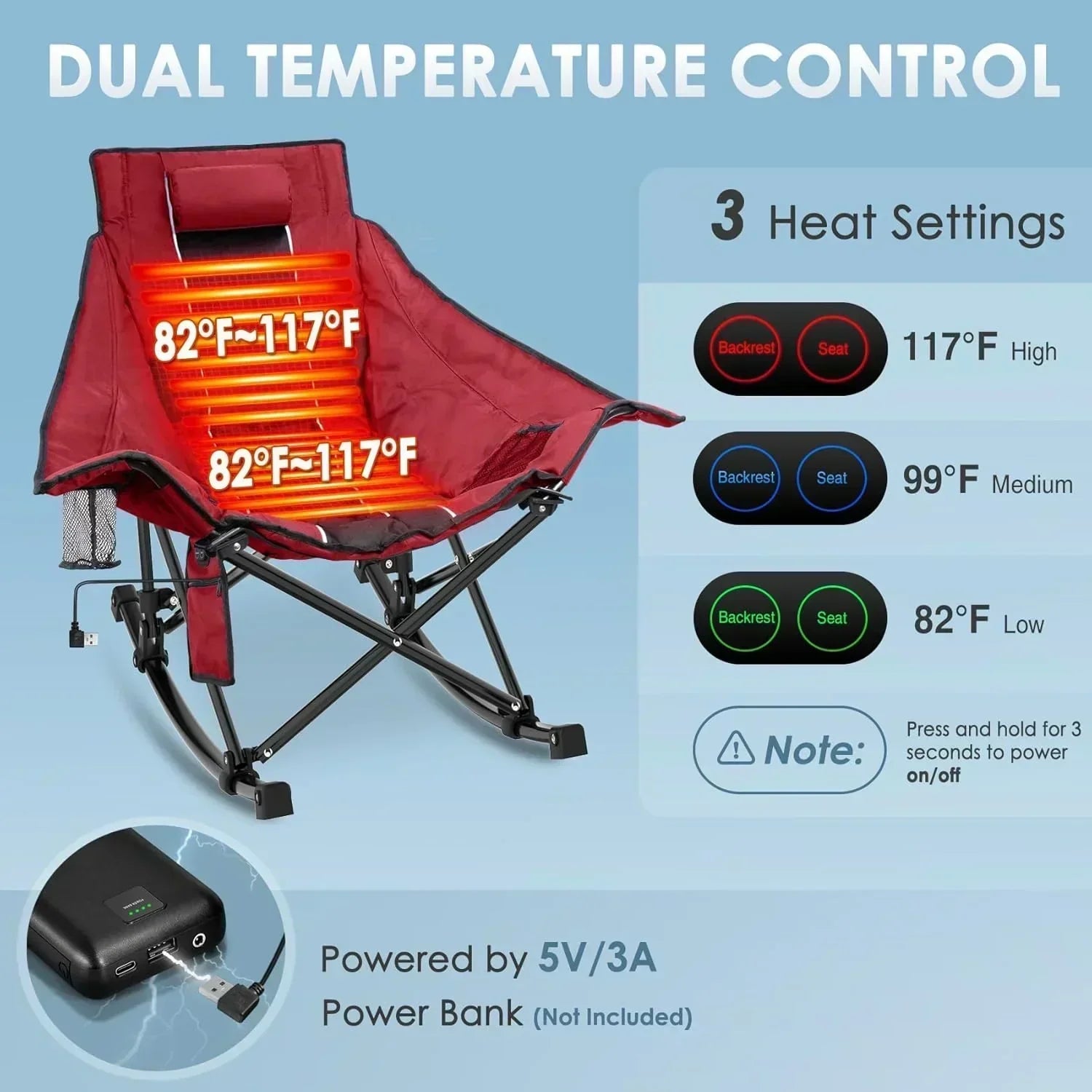 Heated Camping Chair Extra Large Heated Chair Outdoor Sports Chair with 3 Heat Levels on Back wourant