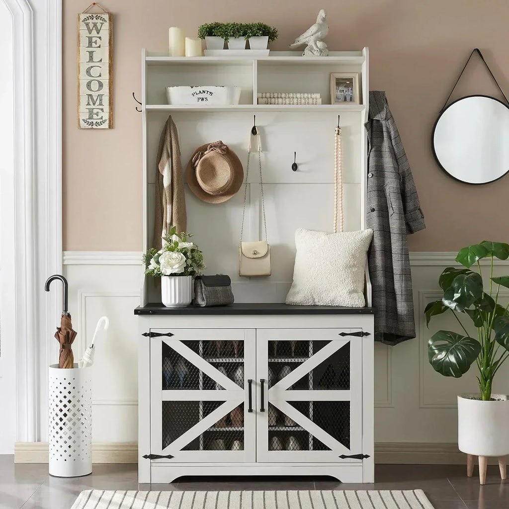 JXQTLINGMU 59-inch Farmhouse Foyer Tree Shoe Storage Entryway Bench Foyer Coat Rack Cabinet wourant