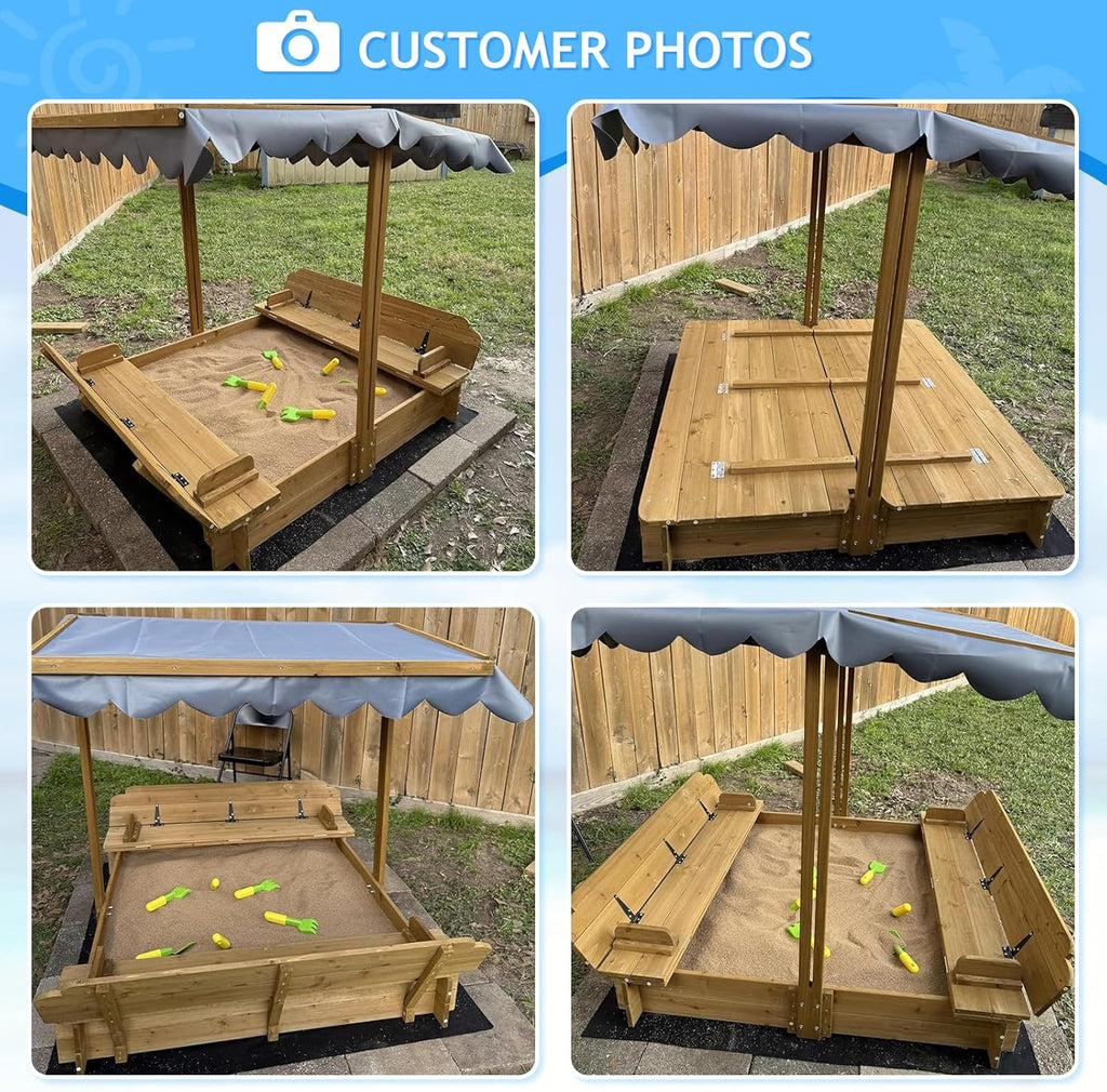 Kids Sandbox with Lid Wooden Sand Box Cover Outdoor UV-Protection Natural Wood Foldable Bench Seat wourant