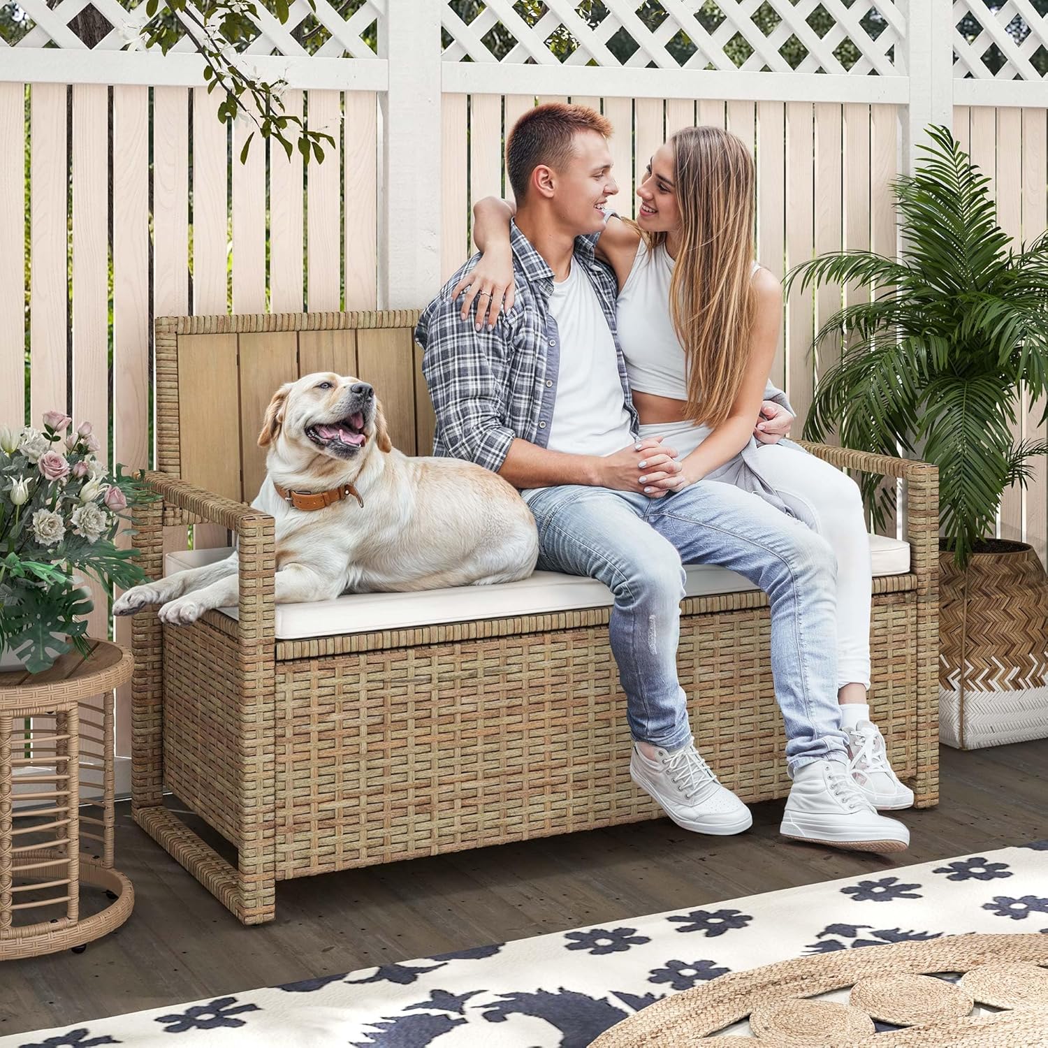 DWVO 70Gal Outdoor Storage Bench with Cushion Composite Wood Backrest Wicker Deck Bench wourant