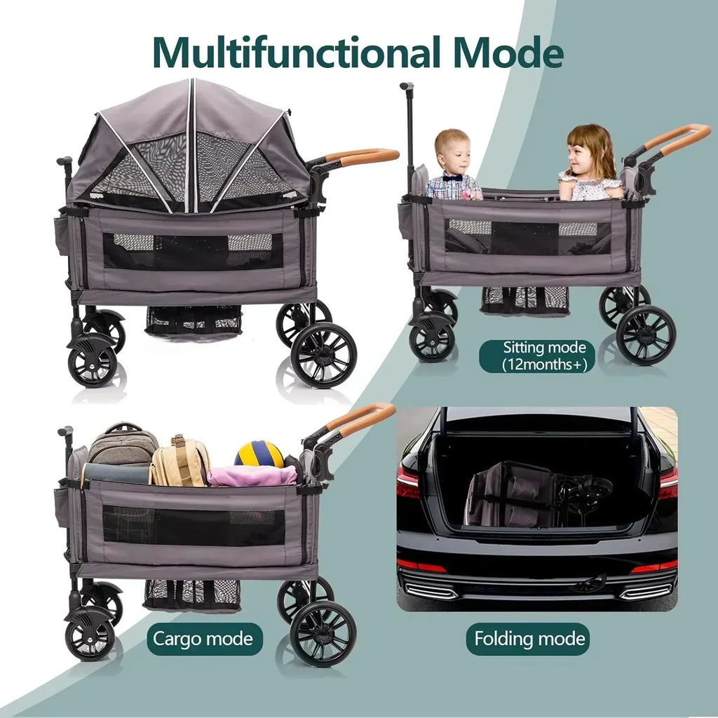 Wagon Stroller for 2 Kids Cargo-Travel Stroller Push-Pull Double Wagon Lightweight Folding Stroller wourant