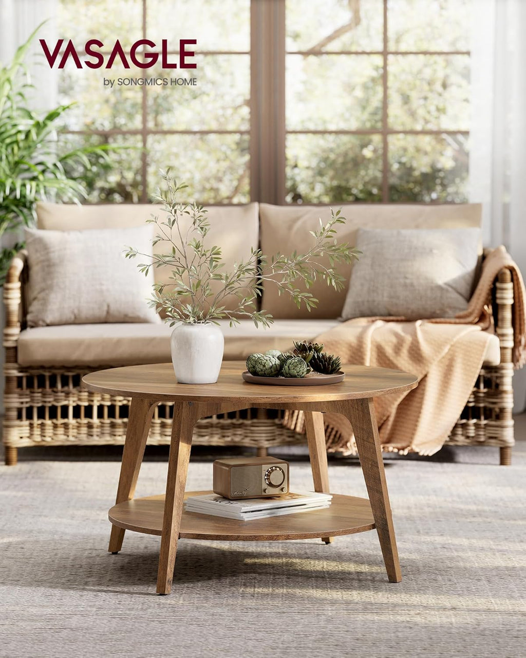 VASAGLE Round Coffee Table 2 Tier Coffee Table with Storage for Living Room 31.5 x 17.7 Inches wourant