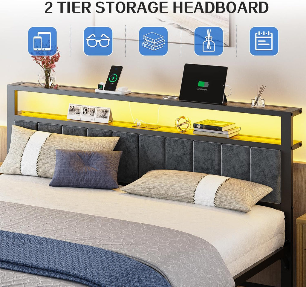 Queen Size Bed Frame with 2-Tier Storage Shelves Headboard Platform Bed with Charging Station wourant