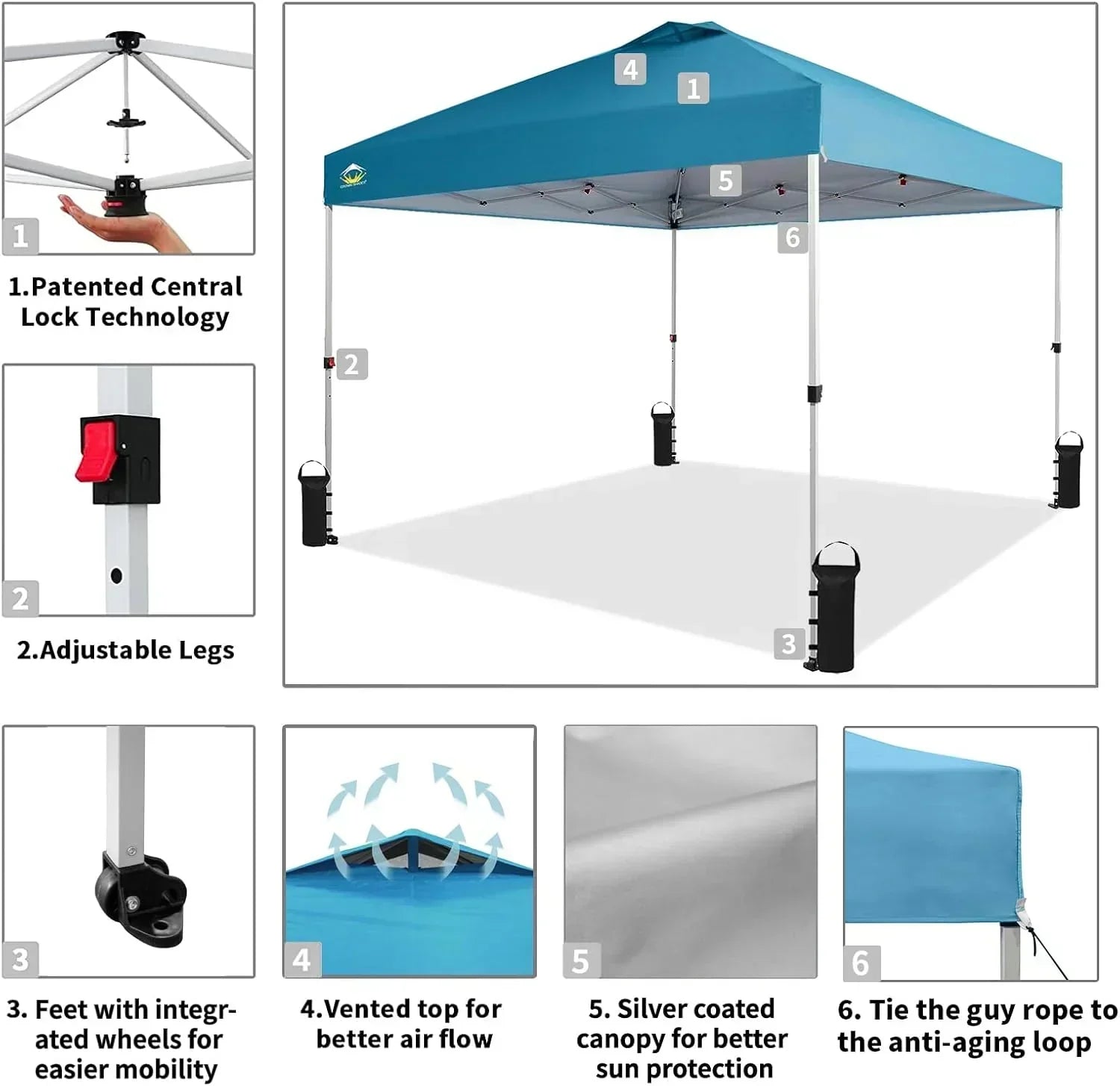 10x10 Pop-Up Awning One-Click Installation Beach Tent Outdoor Sunshade Silver Coated Top wourant