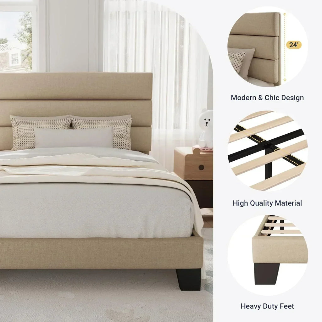 Allewie Queen Size Platform Bed Frame with Fabric Upholstered Headboard Wooden Slats Support wourant
