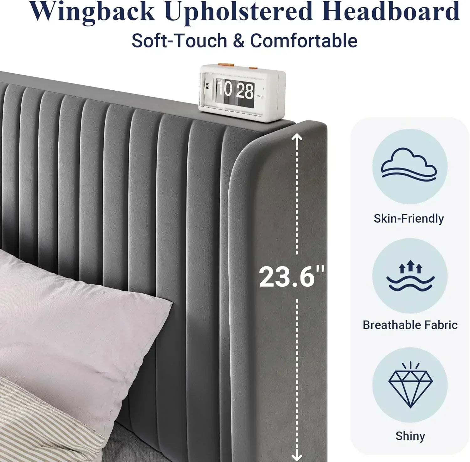 Allewie Full Size Velvet Bed Frame Vertical Channel Tufted Wingback Headboard Upholstered Bed wourant