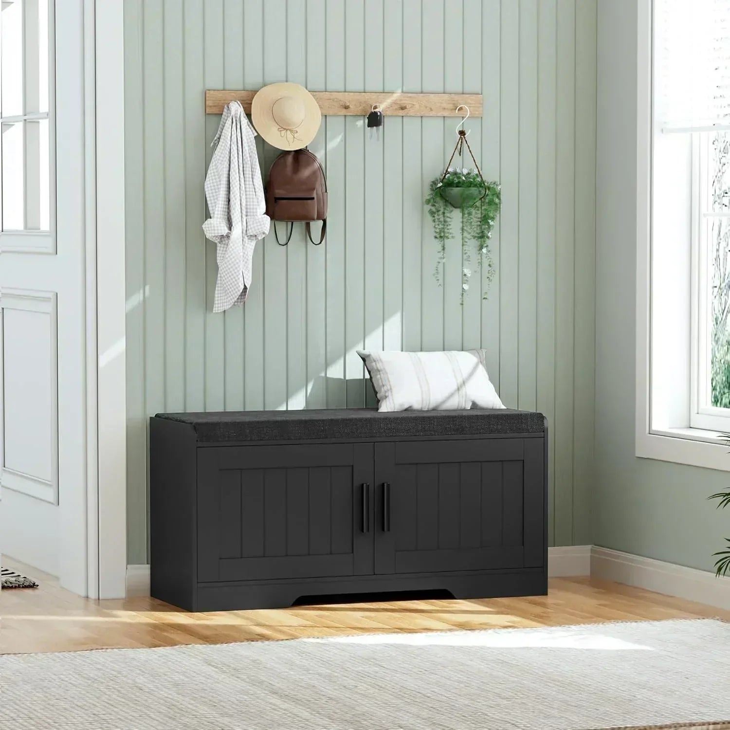 2-Tier Storage Bench Shoe Bench with Thickened Padded Seat Cushion Entryway Bench wourant