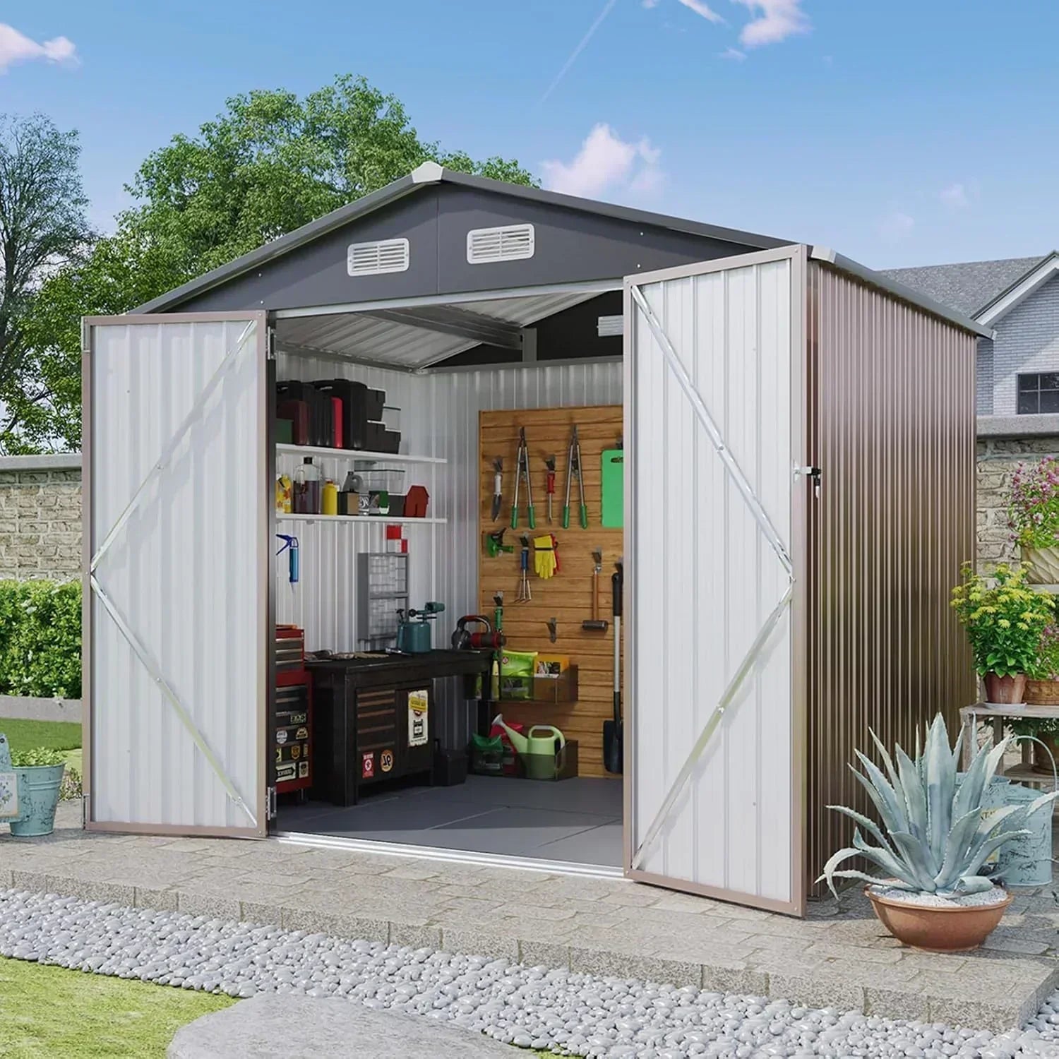 Aoxun 6.2x4 FT Shed Outdoor Storage Shed Metal Garden Shed Sloping Roof Tool Shed Bike Shed wourant