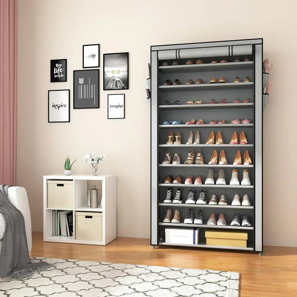 ROJASOP 10 Tier Shoe Rack with Covers Large Capacity Stackable Tall Shoe Shelf Storage wourant