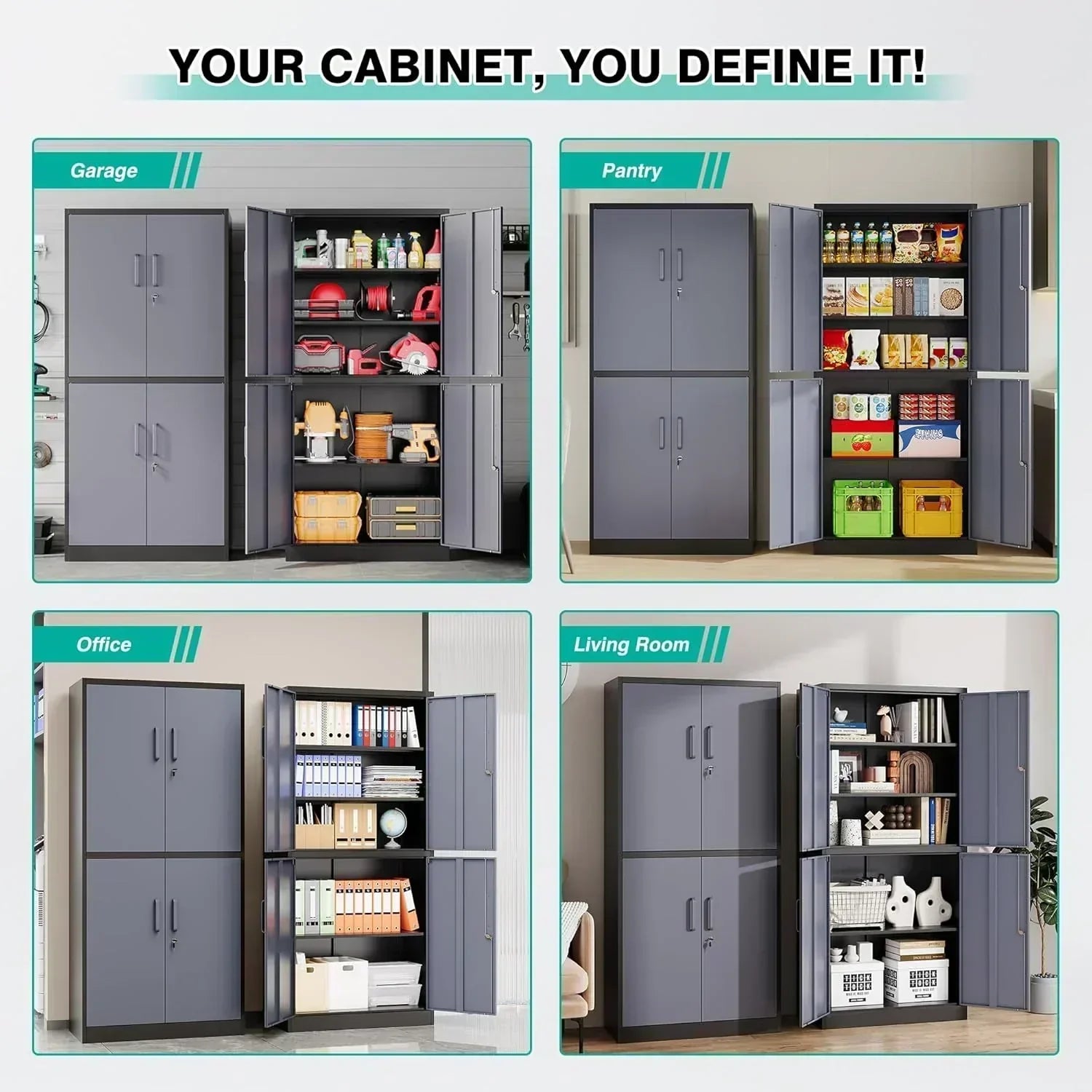Metal Storage Cabinet with 2 Doors and 6 Shelves Black Metal Cabinet Garage Storage Cabinet wourant