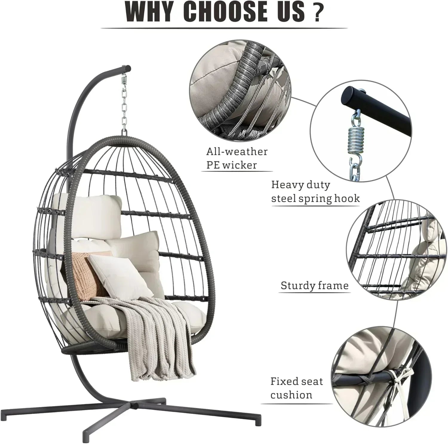 HWB Hanging Egg Chair with Stand Patio Wicker Hammock Egg Swing Chair Cushion for Bedroom wourant