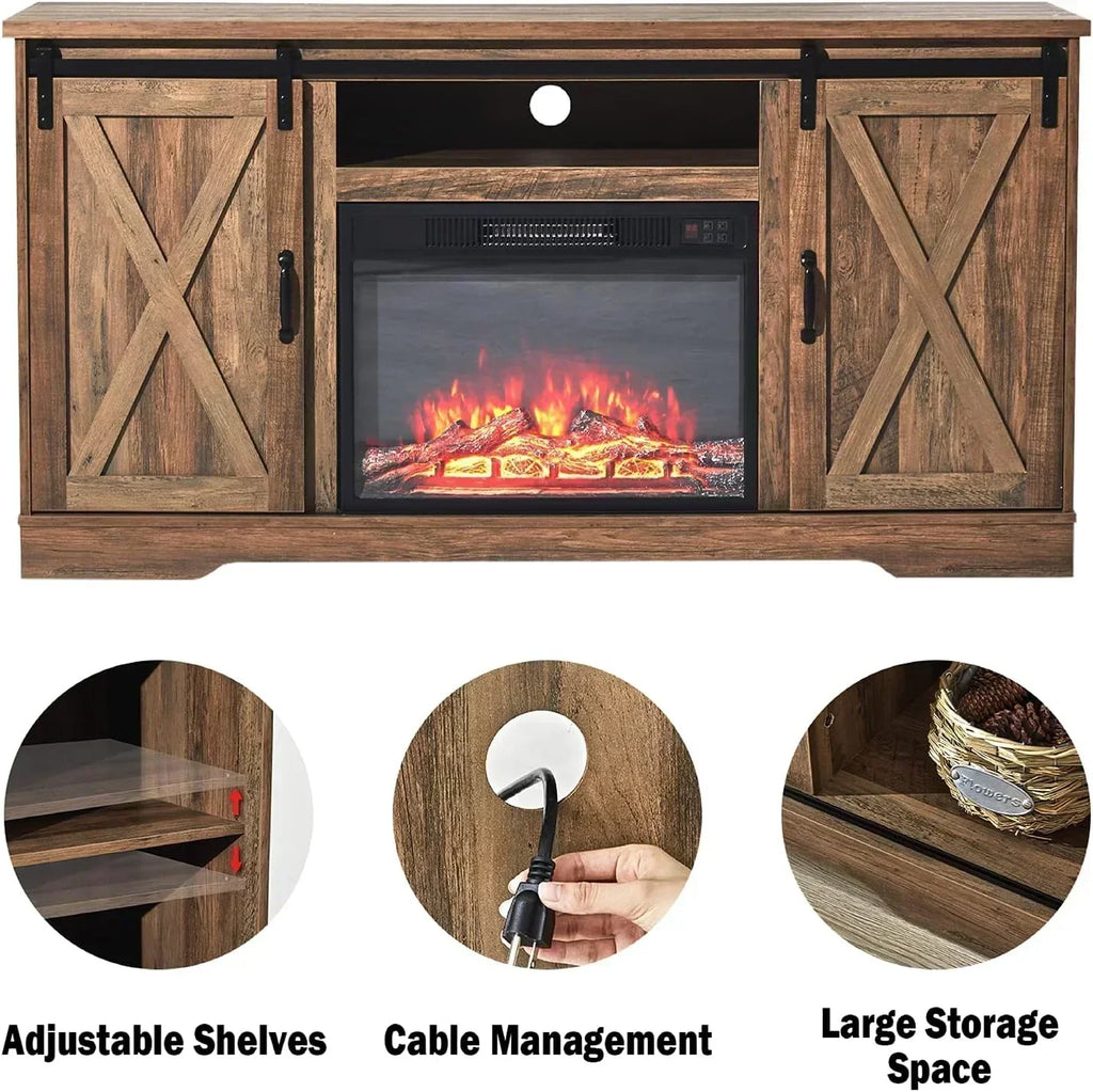 AMERLIFE Fireplace TV Stand with Sliding Barn Door  Farmhouse 63" Fireplace Entertainment Center wourant