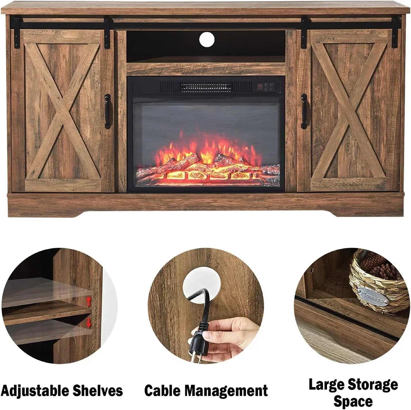 AMERLIFE Fireplace TV Stand with Sliding Barn Door  Farmhouse 63" Fireplace Entertainment Center wourant
