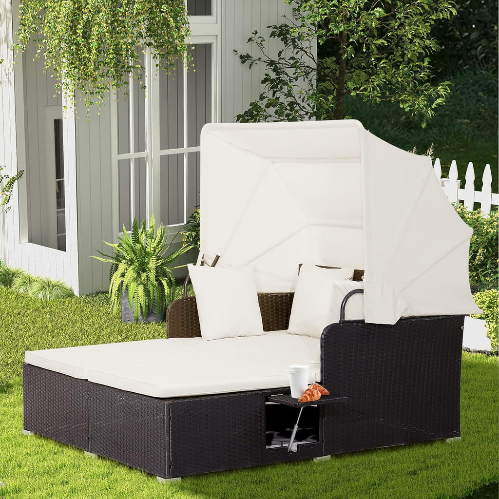 RELAX4LIFE Patio Outdoor Daybed with Canopy Wicker Sunbed Cushions 4 Pillows wourant