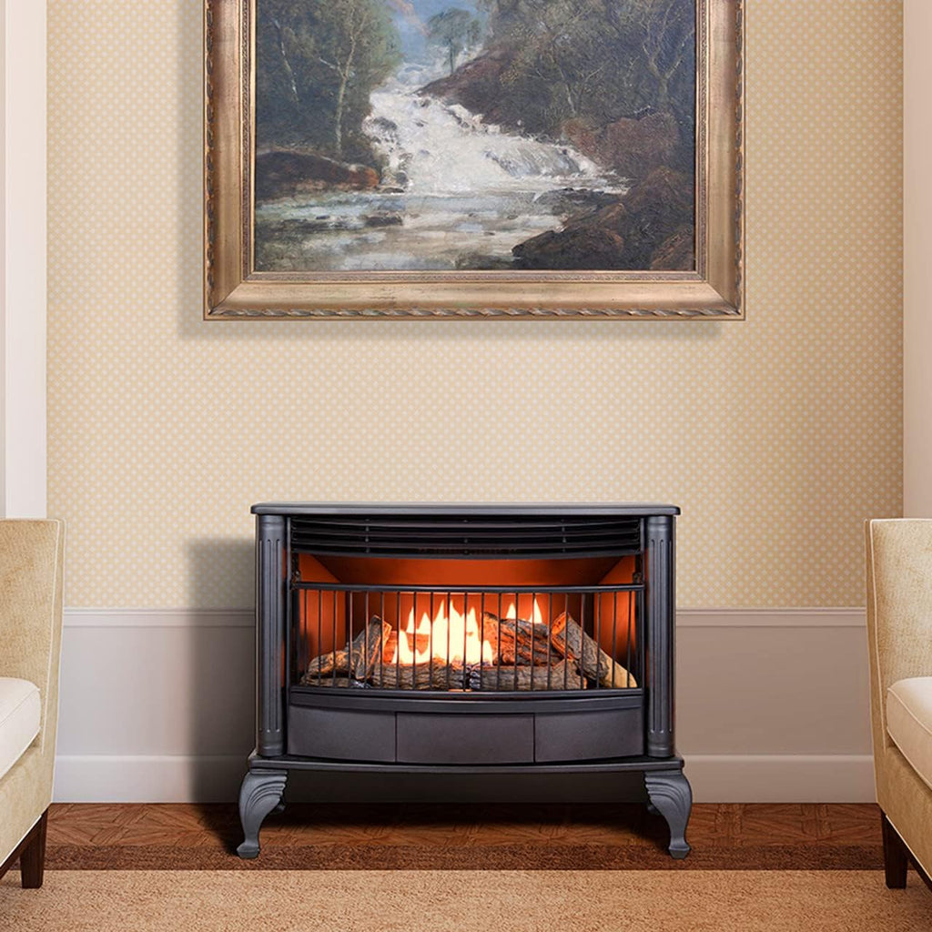 Vent-free 25000 BTU space-saving freestanding dual-fuel fireplace with thermostat control wourant