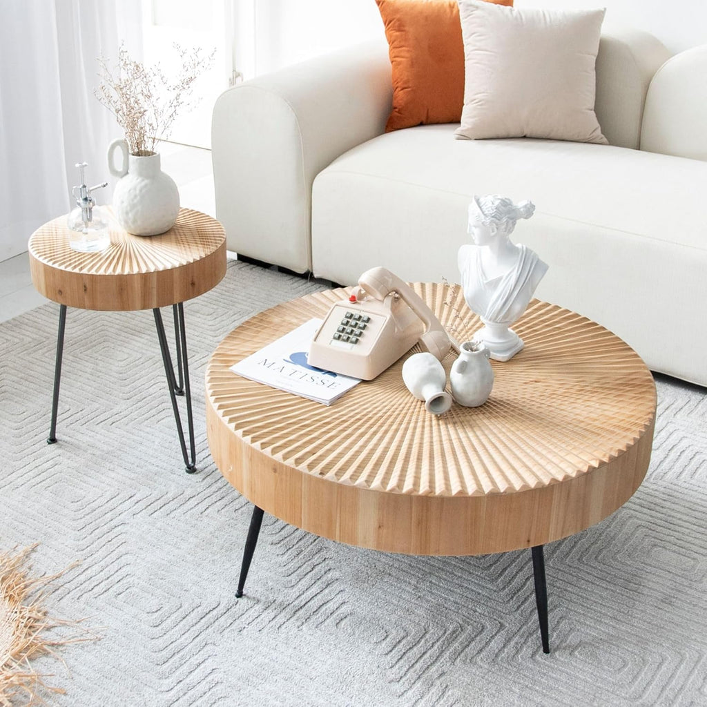Two-Piece Modern Farmhouse Living Room Coffee Table Set Round Nesting Tables wourant