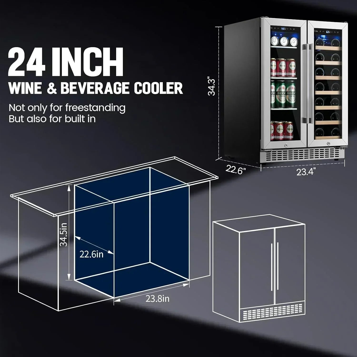 24 inch Dual Zone Beverage Refrigerator 30 Bottles 82 Cans Wine Fridge Built-in or Freestanding wourant