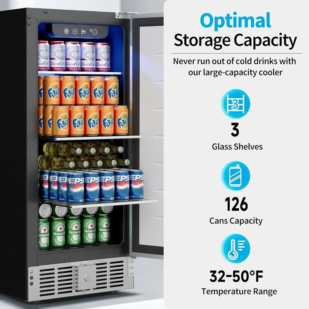 Beverage Refrigerator Cooler 126 Can Mini Fridge Glass Door for Drinks Soda Beer Wine Refrigerator wourant