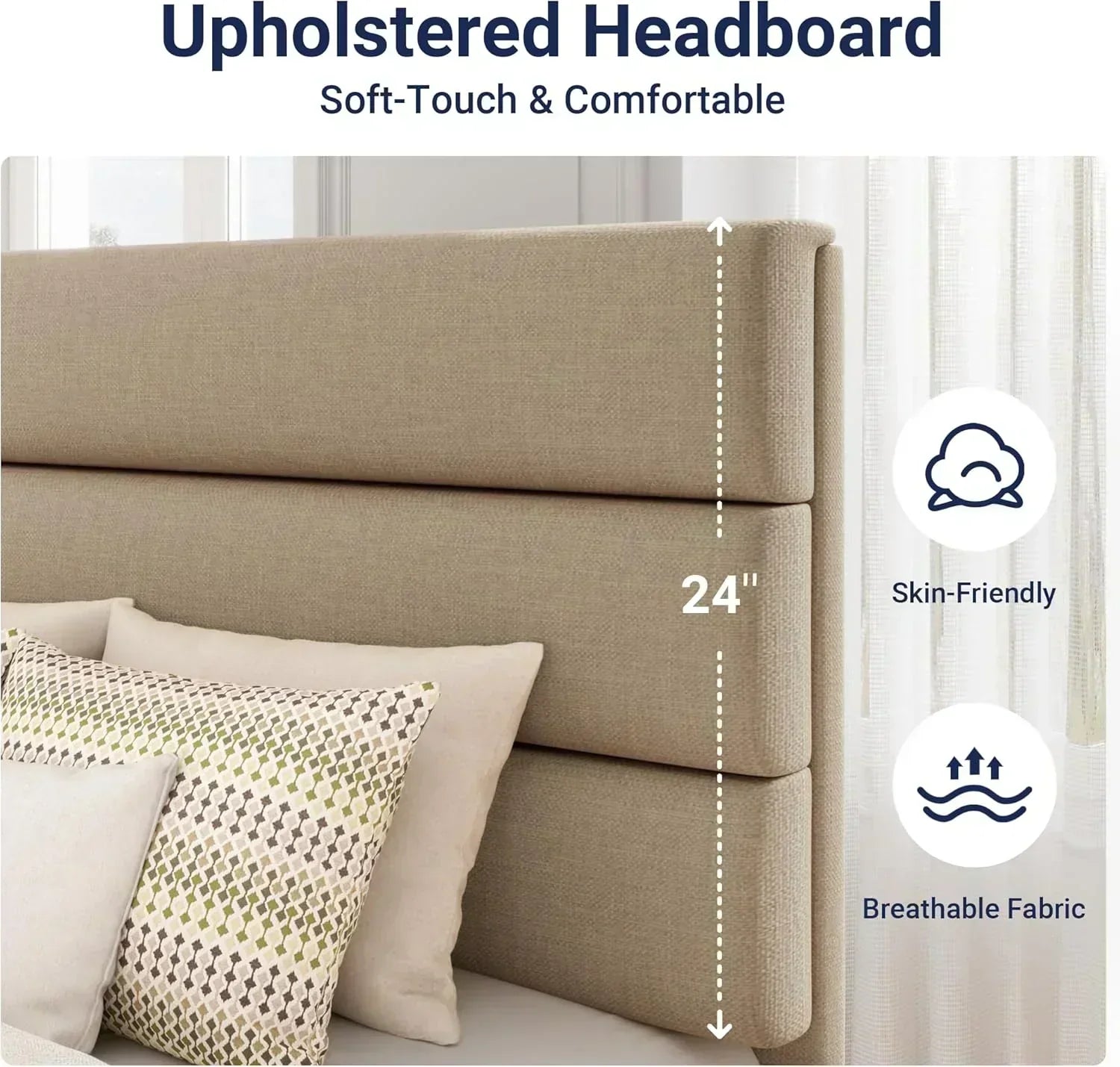 Allewie King size platform bed frame with velvet upholstered headboard and planks wourant