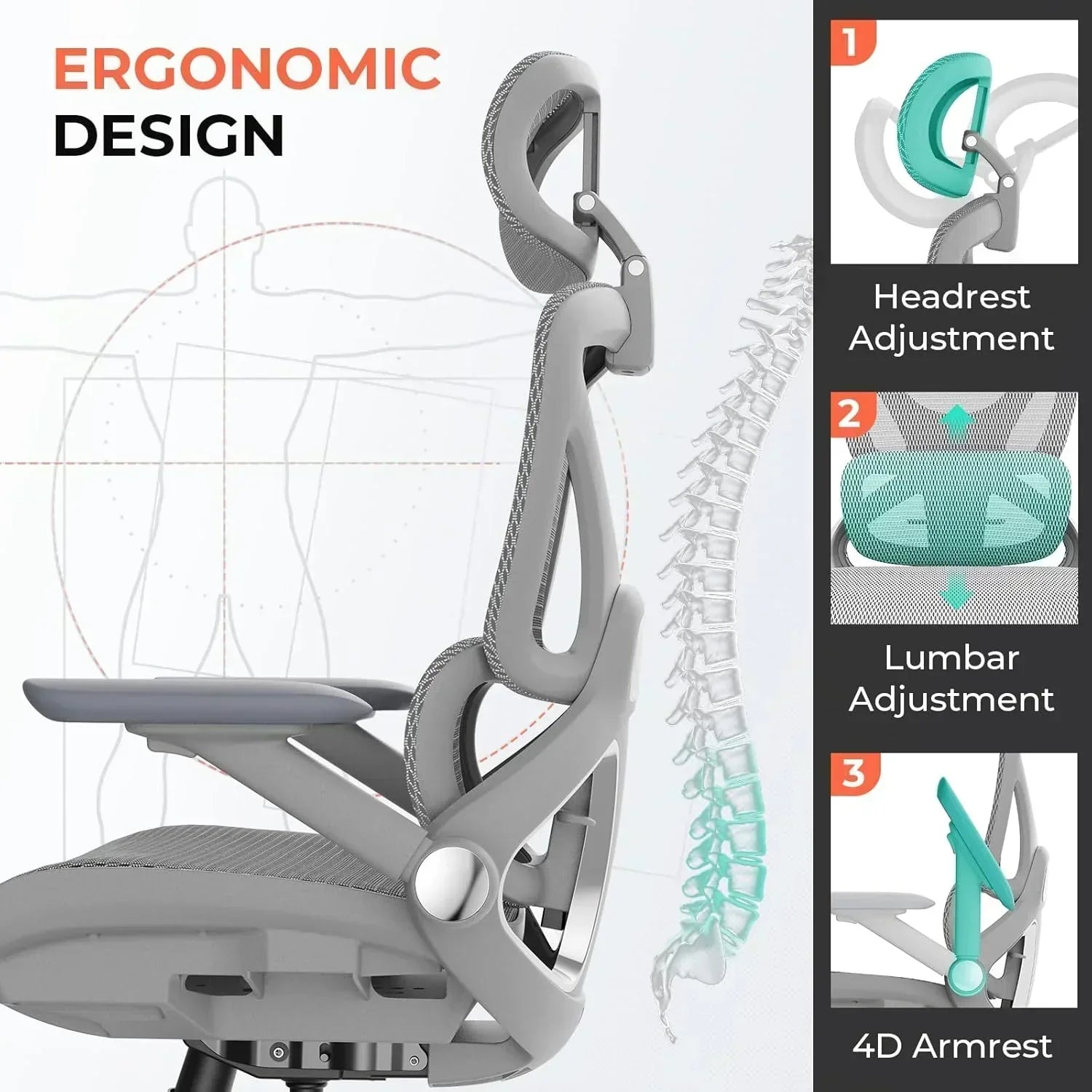 Ergonomic Mesh Office Chair with Adjustable Lumbar High Back Desk Chair 400 lbs wourant