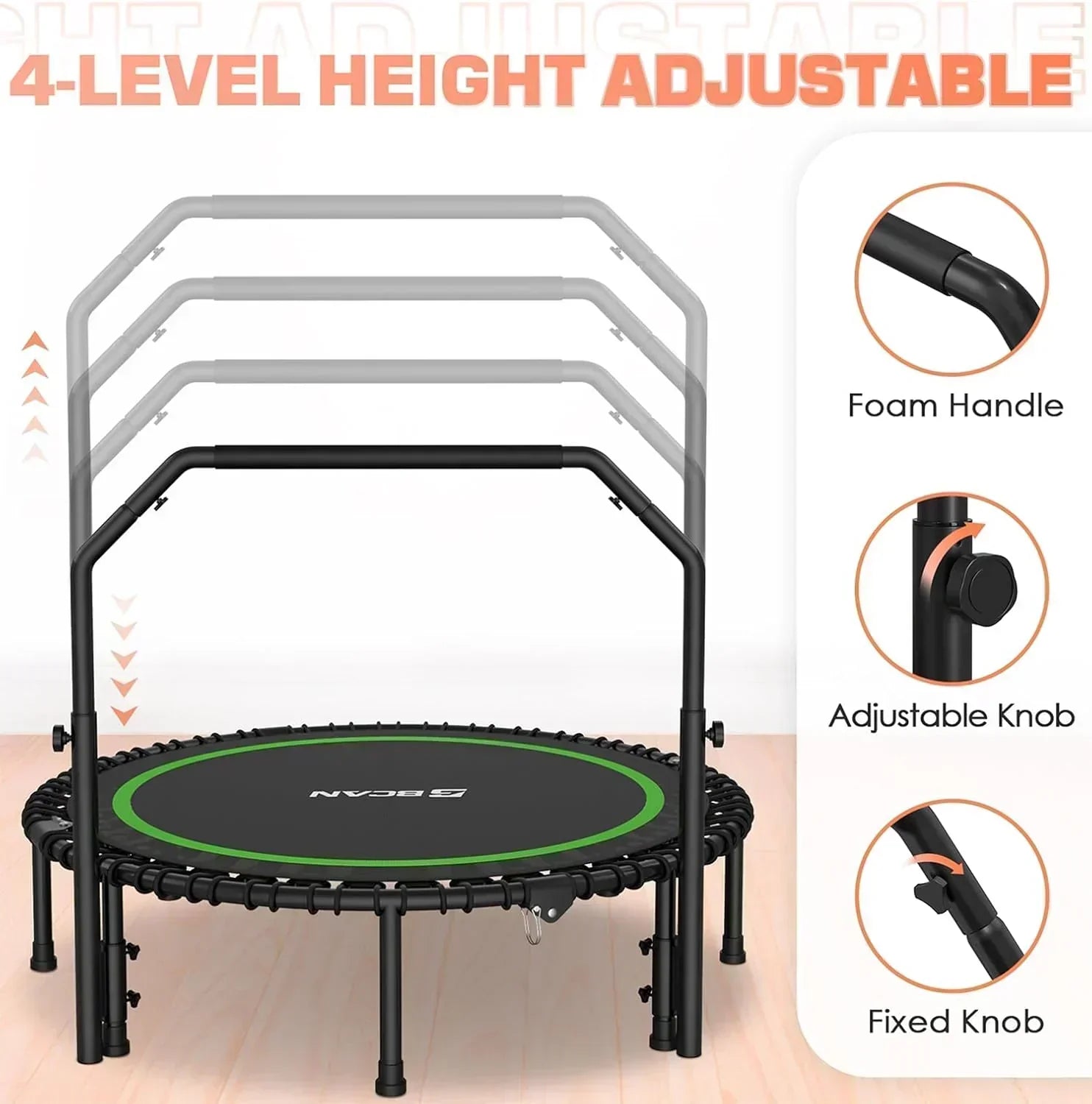 BCAN 450/550 LBS Foldable Mini Trampoline Fitness Trampoline Bungees Adjustable Foam Handle wourant