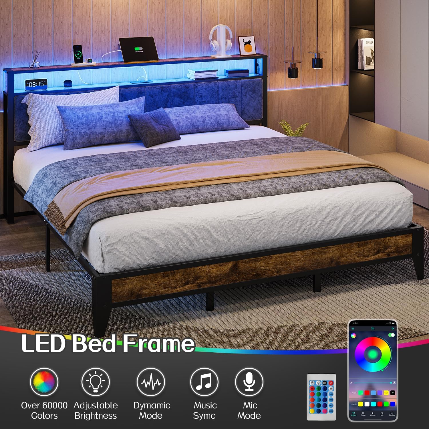 OLEVS Single Bed Frame LED Light Storage Headboard Type C Charging Station Metal Platform Bed wourant
