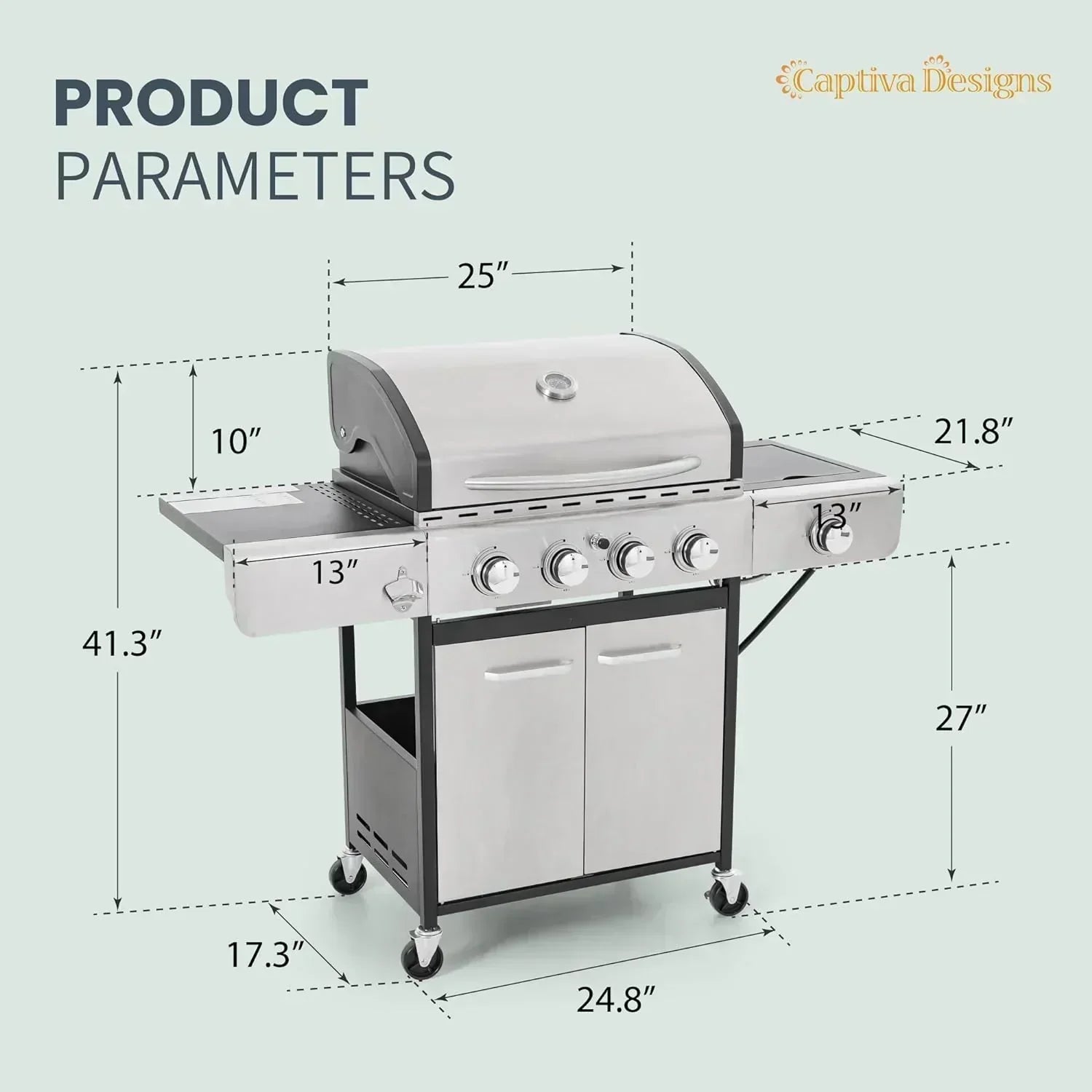 Captiva Designs 4-Burner Propane Gas BBQ Grill Side Burner Porcelain-Enameled Cast Iron Grates wourant