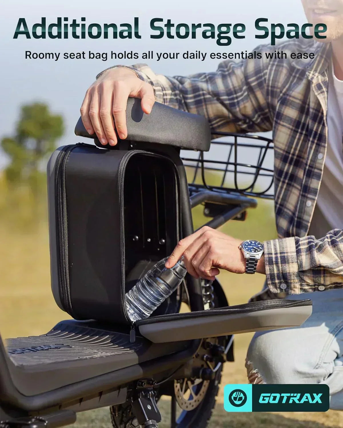 Gotrax adult electric scooter with seat maximum range of 19-25 miles all-terrain tires wide pedals wourant