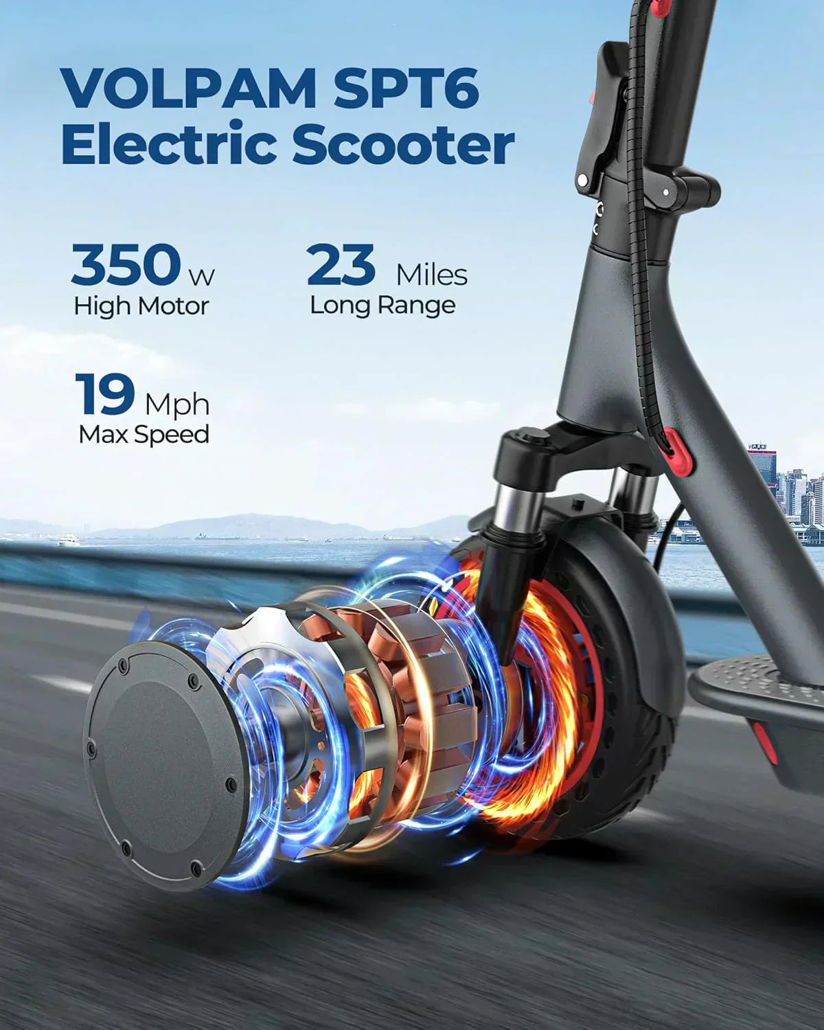 Volpam electric scooter Powerful electric motor Solid tires 28/21/12 mile range wourant