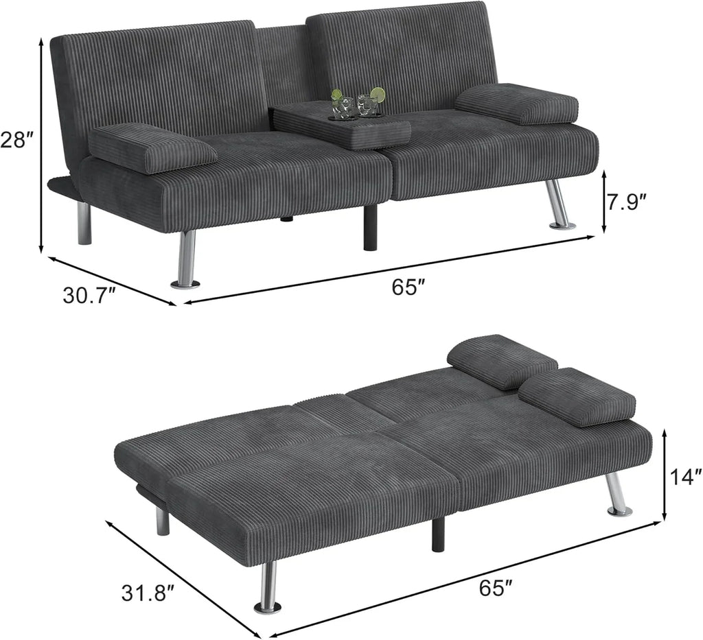 Shahoo Modern Linen Upholstered Convertible Folding Futon Sofa Bed with Removable Armrests wourant