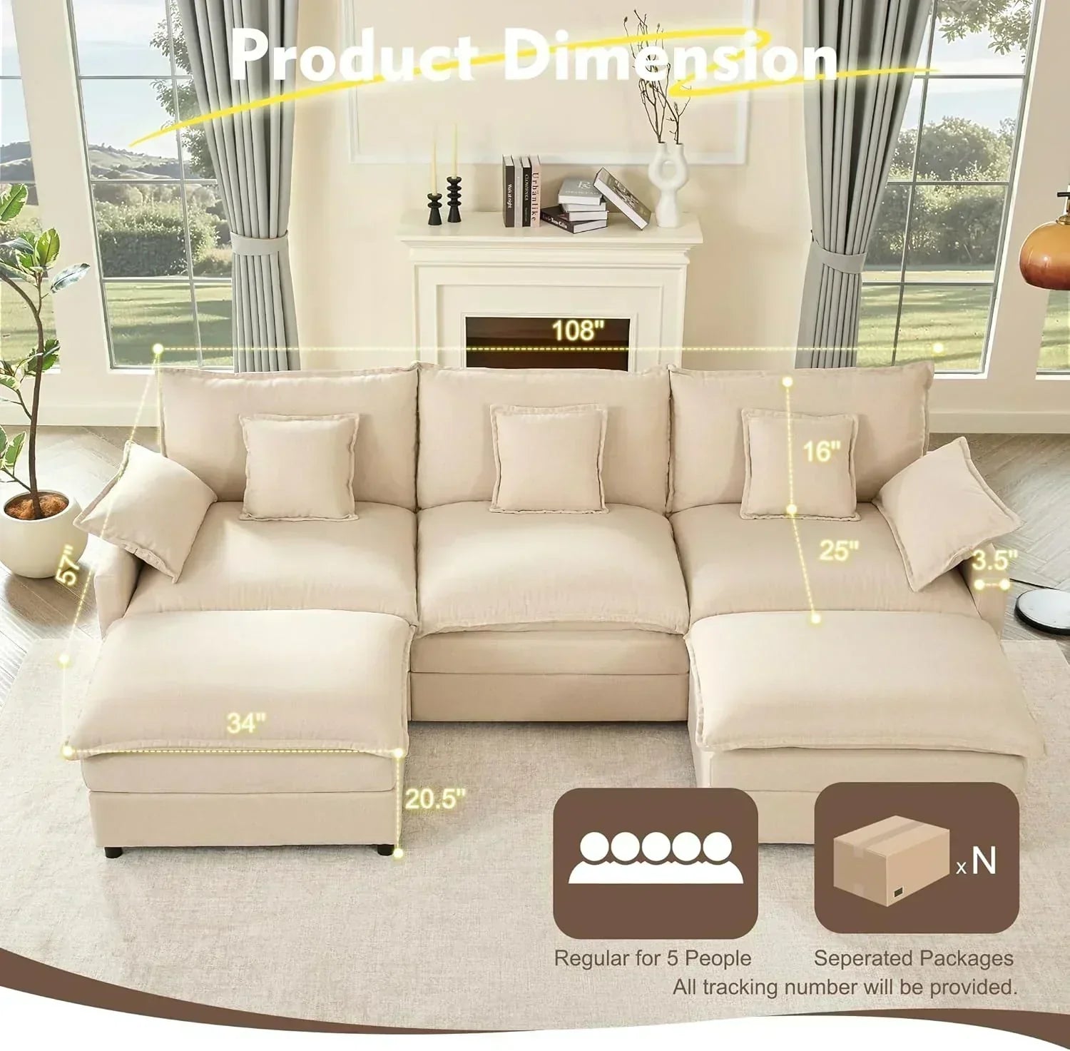 108" U-shaped sofa modular sofa three-seater comfortable cloud sofa wourant
