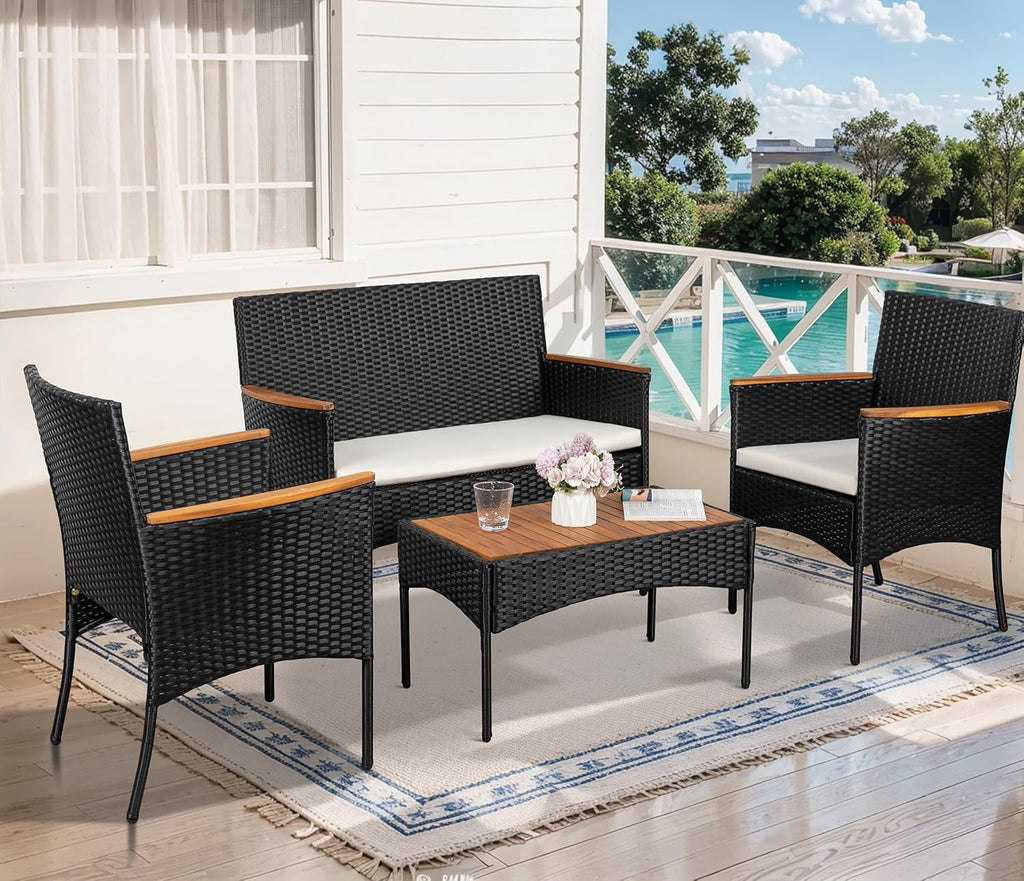Shintenchi 4-Piece Patio Furniture Set Outdoor Wicker Patio Conversation Furniture Set with Cushions wourant