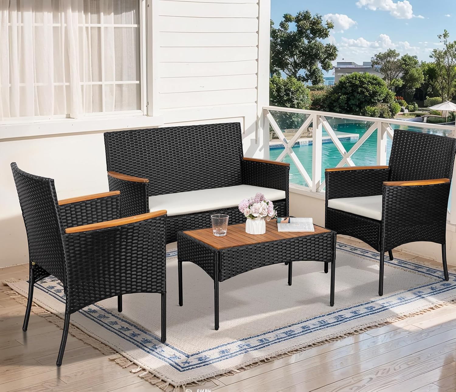 Shintenchi 4-Piece Patio Furniture Set Outdoor Wicker Patio Conversation Furniture Set with Cushions wourant