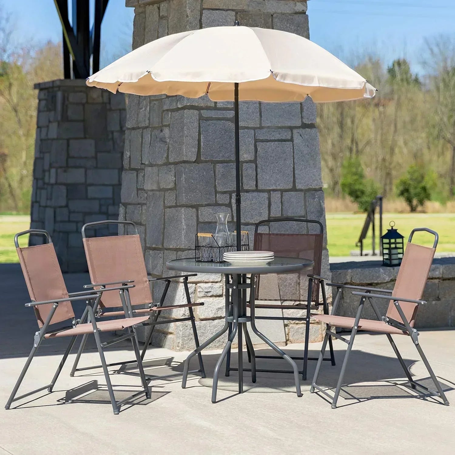 EMMA + OLIVER 6 Piece Brown Patio Garden Set with Umbrella Table Set of 4 Folding Chairs wourant
