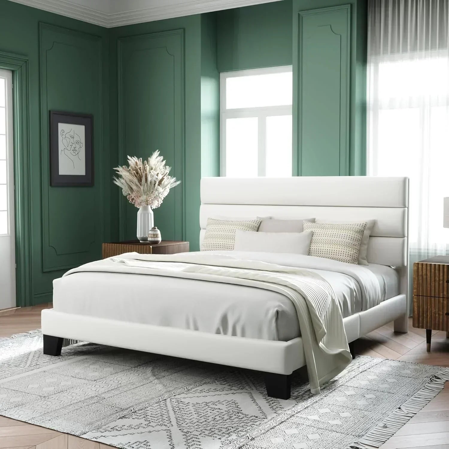 Allewie King size platform bed frame with velvet upholstered headboard and planks wourant