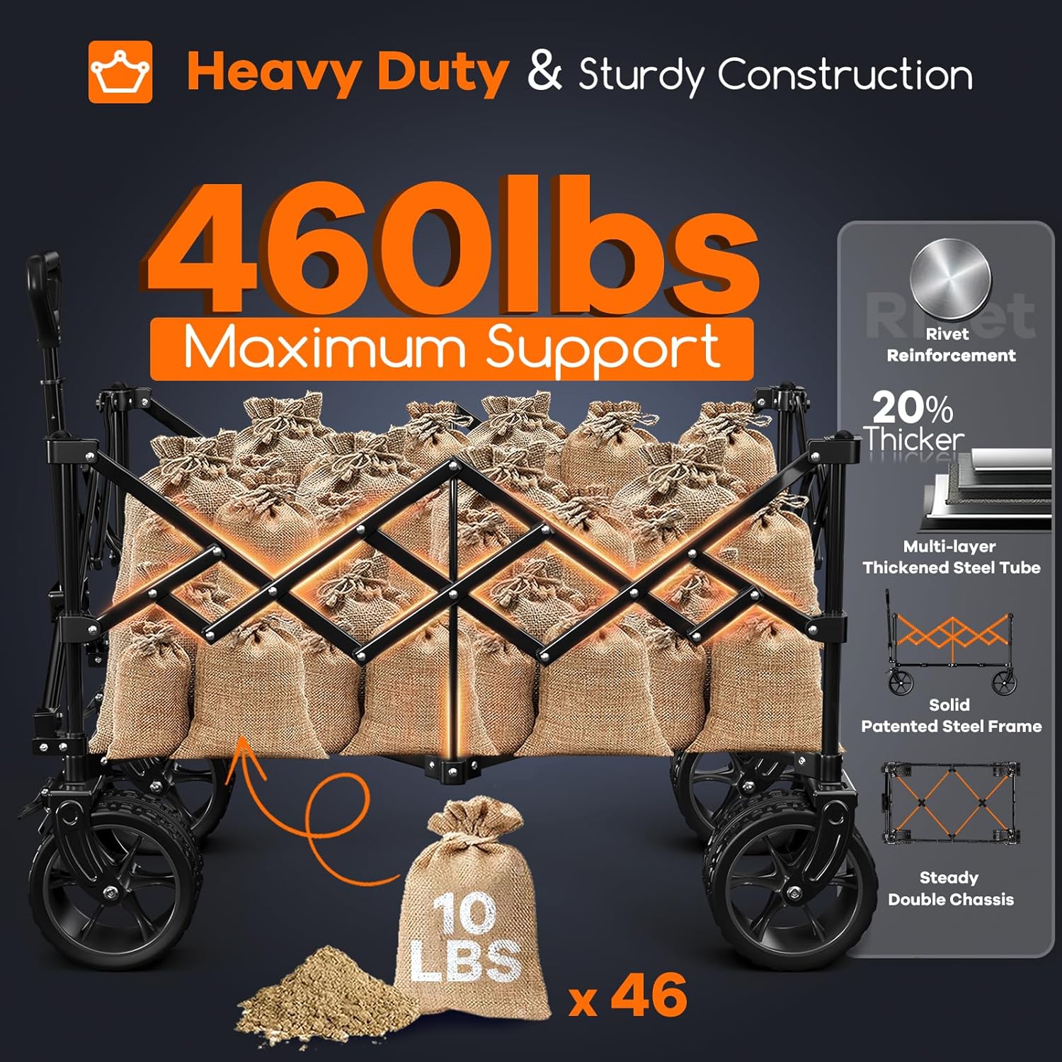 38" long foldable four-wheel stroller 460 lb capacity 220 liter folding beach stroller wourant