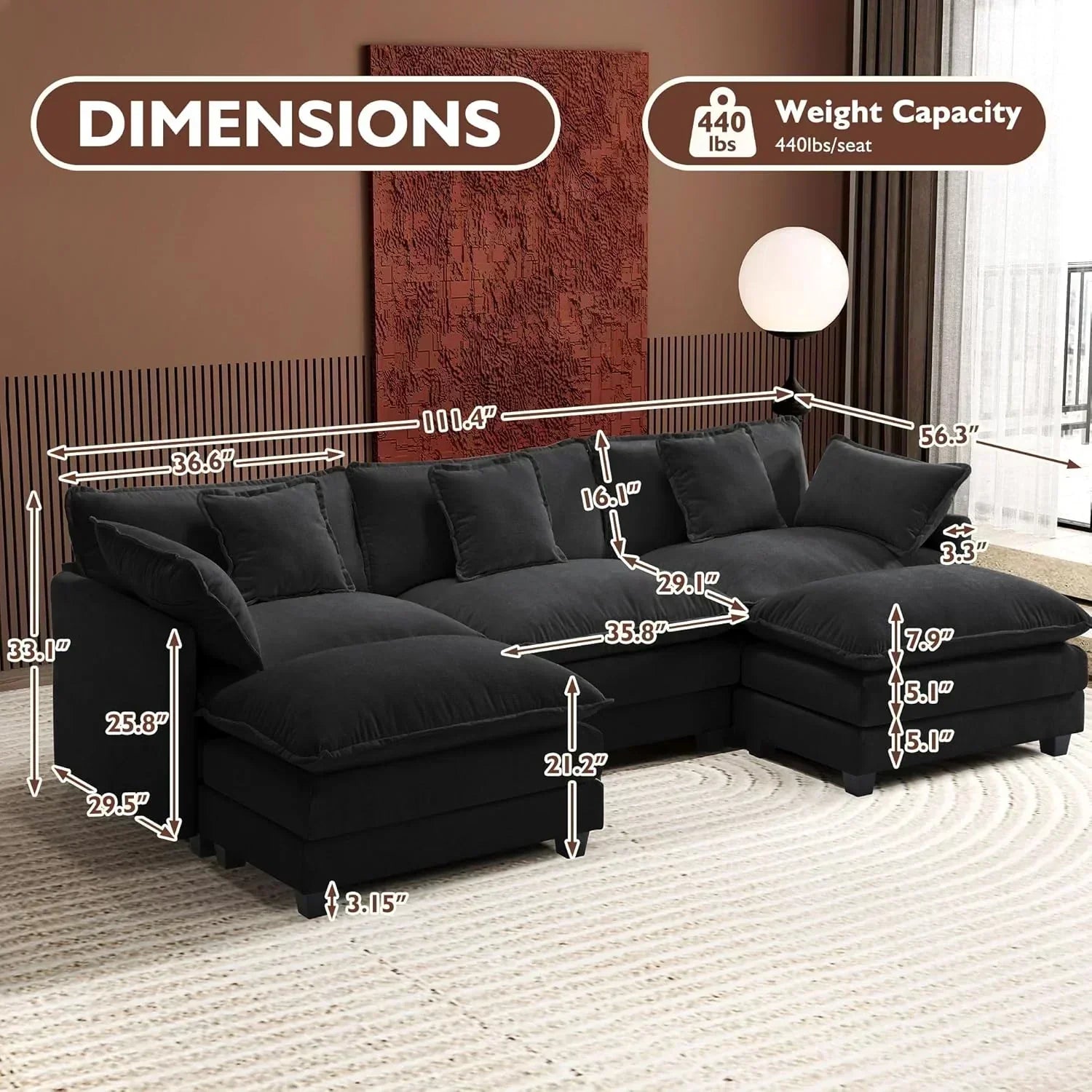 111.4 Inch L Shaped Modern Sofa Modular Cloud Sofa with Ottoman 4 Seater Chenille Deep Seat Sofa wourant