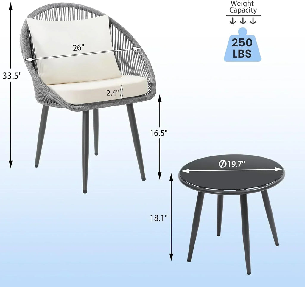 3 Piece Bistro Set Woven Rope Chair with Cushions All Weather Patio Conversation Set Side Table wourant