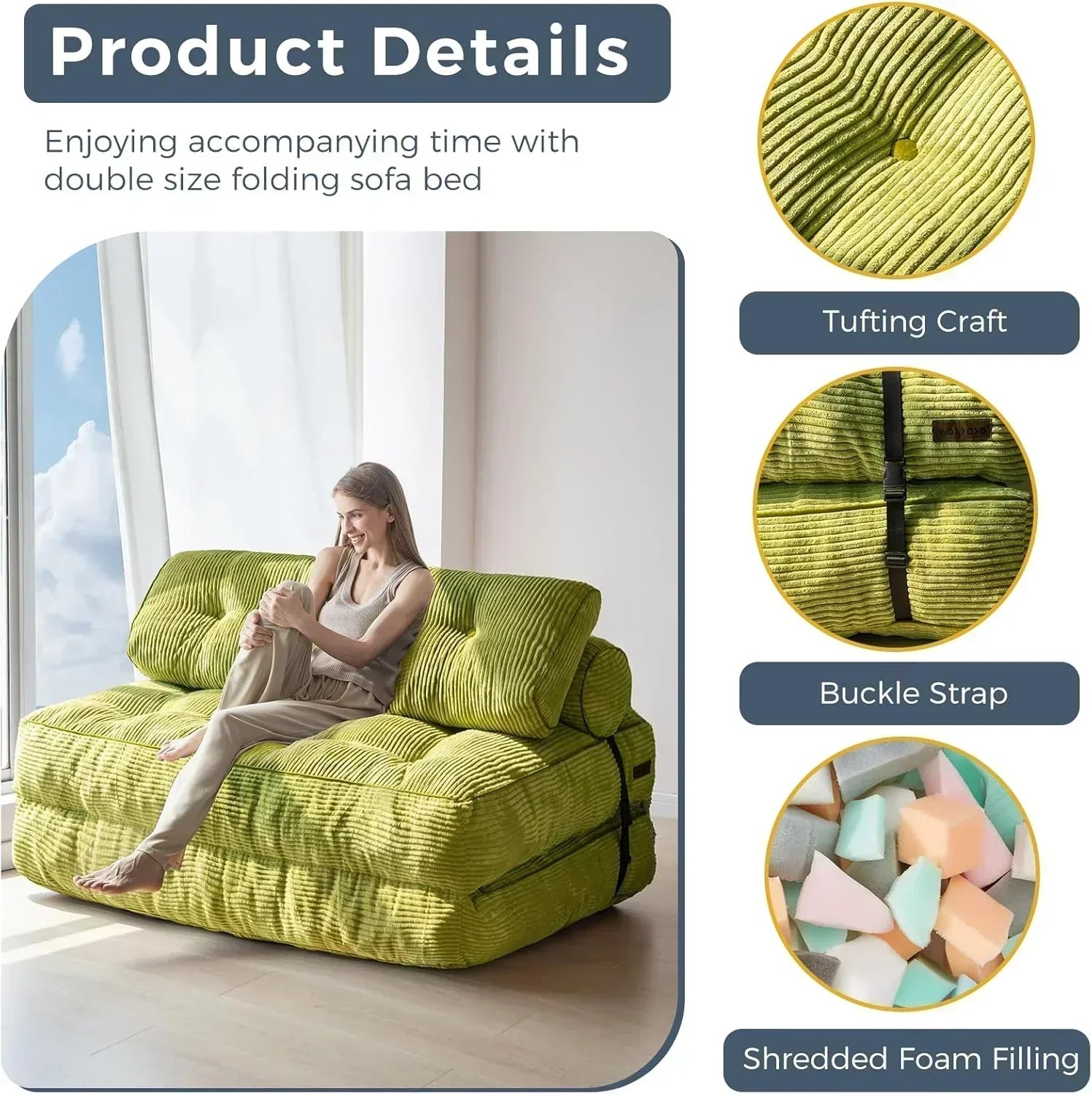 MAXYOYO Folding Sofa Bed Convertible Sleeper Chair with Pillow Foldable Mattress with Back Support wourant