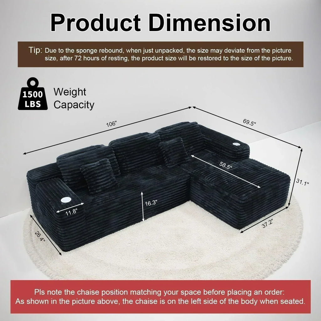Cloud section sofa with L-shaped recliner modern modular sofa built-in cup holder wourant