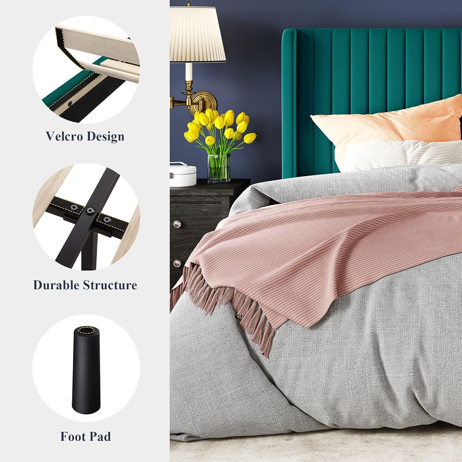 Allewie Full Size Velvet Bed Frame Vertical Channel Tufted Wingback Headboard Upholstered Bed wourant