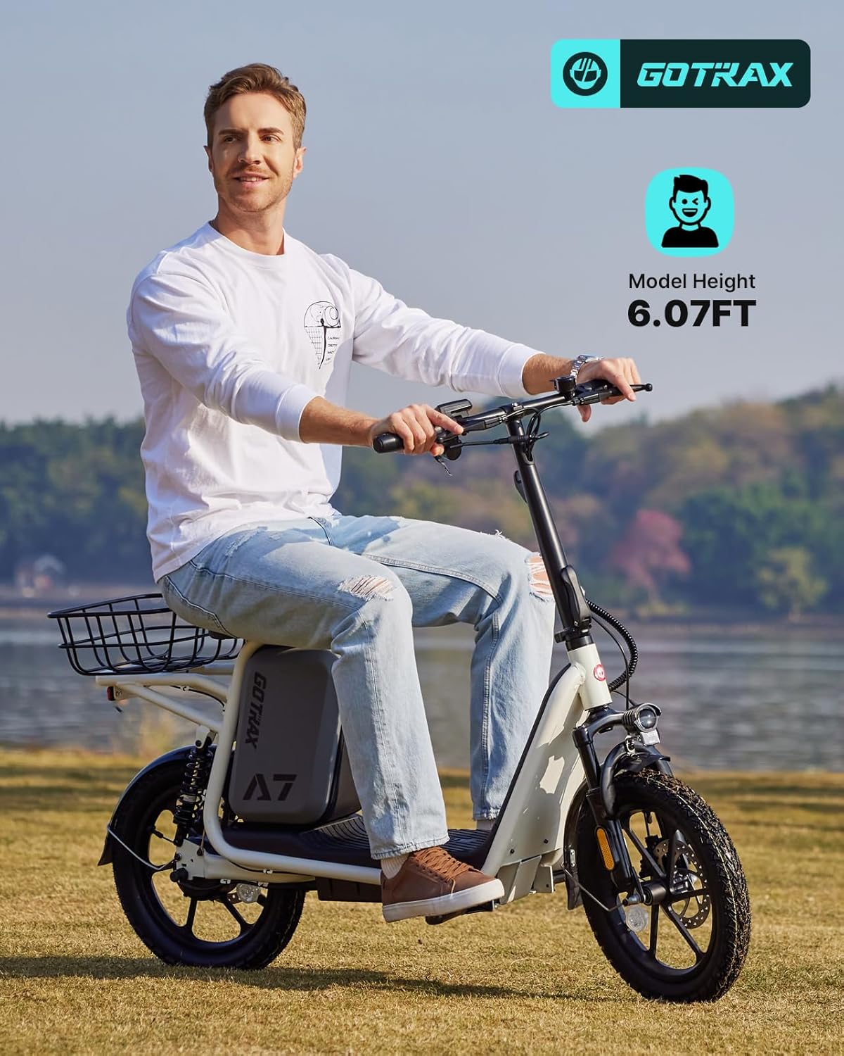 Gotrax adult electric scooter with seat maximum range of 19-25 miles all-terrain tires wide pedals wourant