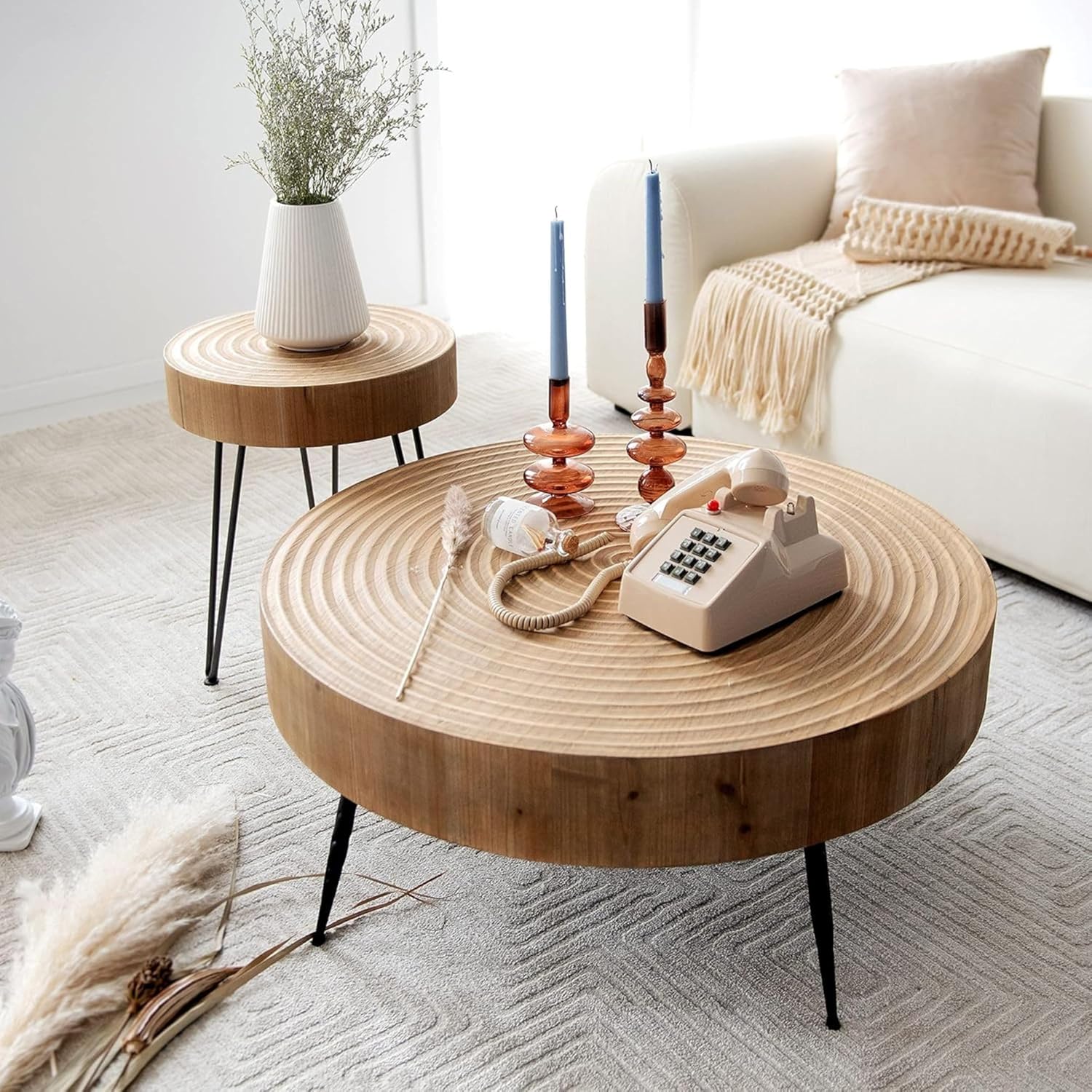 Two-Piece Modern Farmhouse Living Room Coffee Table Set Round Nesting Tables wourant