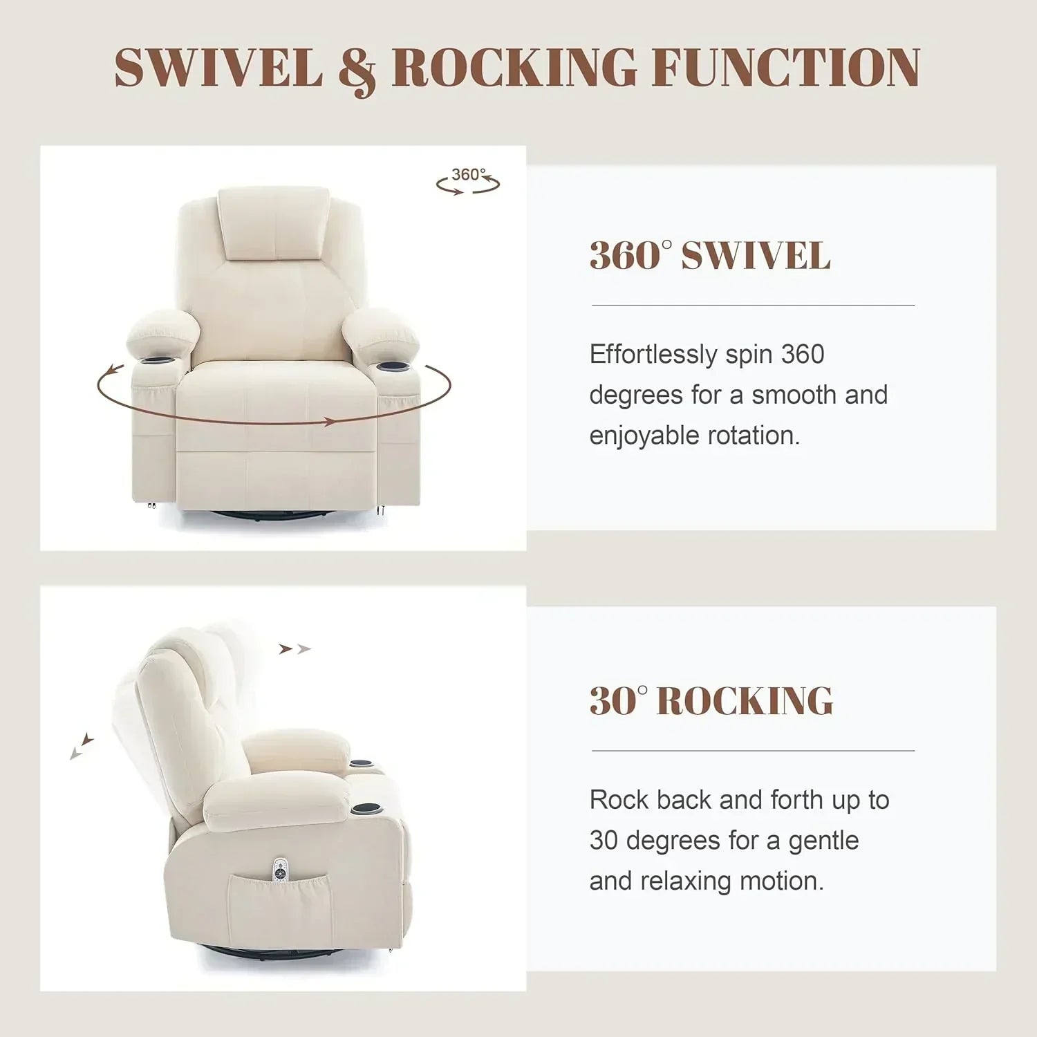 Large Swivel Rocking Recliner with Massage Function 360 Degree Swivel Rocking Single Sofa wourant