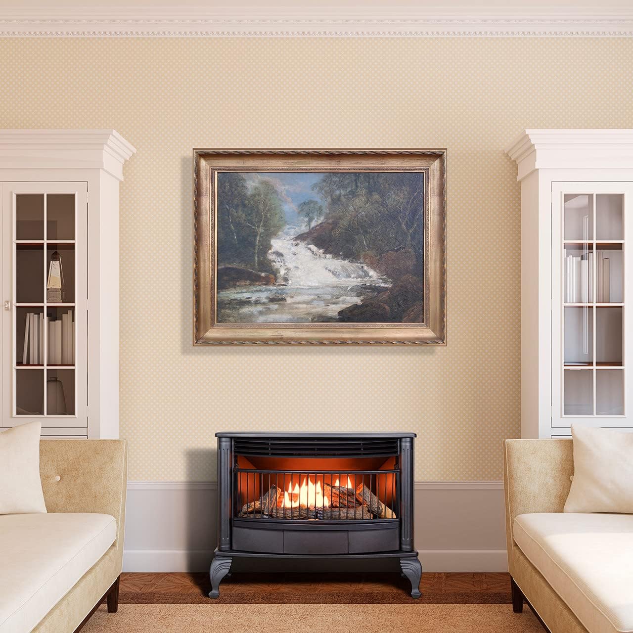 Vent-free 25000 BTU space-saving freestanding dual-fuel fireplace with thermostat control wourant