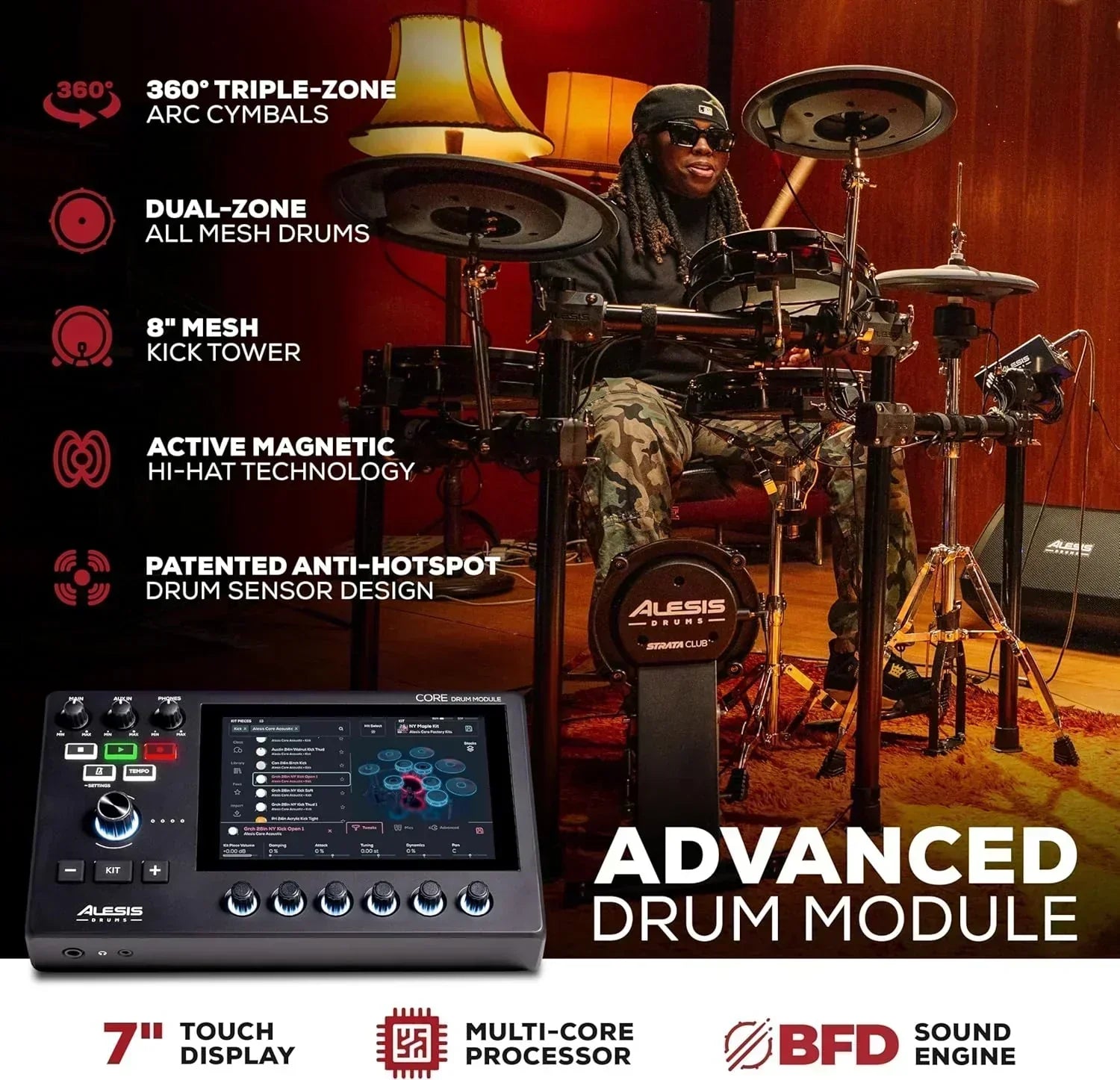 Alison Strata Prime Electronic Drum Set with Touch Screen Dual Area Grid Head wourant