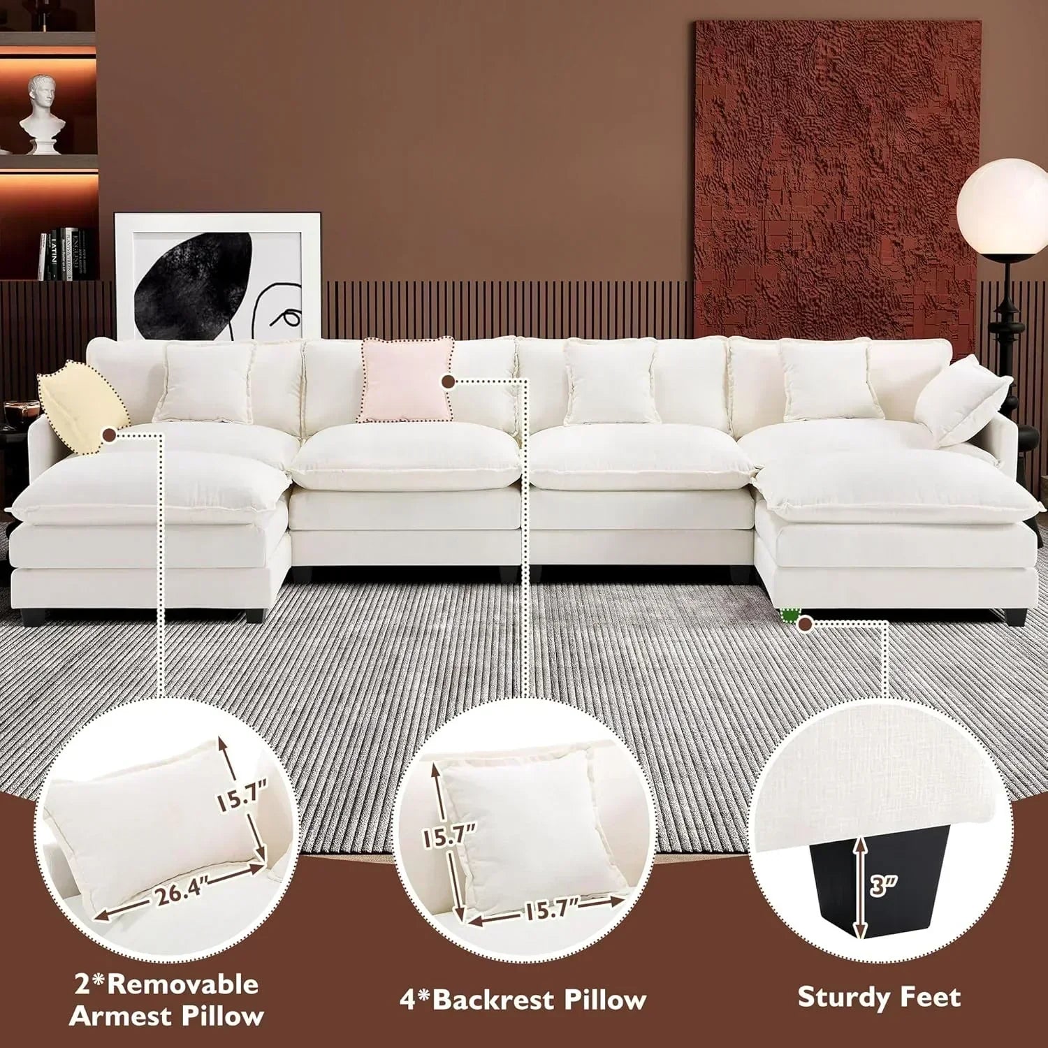 111.4 Inch L Shaped Modern Sofa Modular Cloud Sofa with Ottoman 4 Seater Chenille Deep Seat Sofa wourant