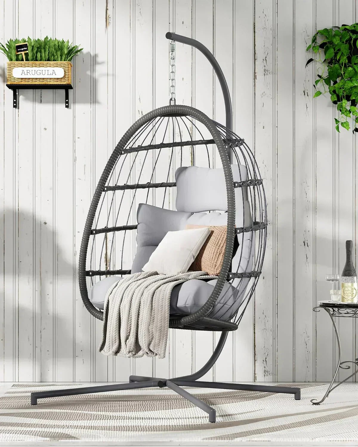 HWB Hanging Egg Chair with Stand Patio Wicker Hammock Egg Swing Chair Cushion for Bedroom wourant